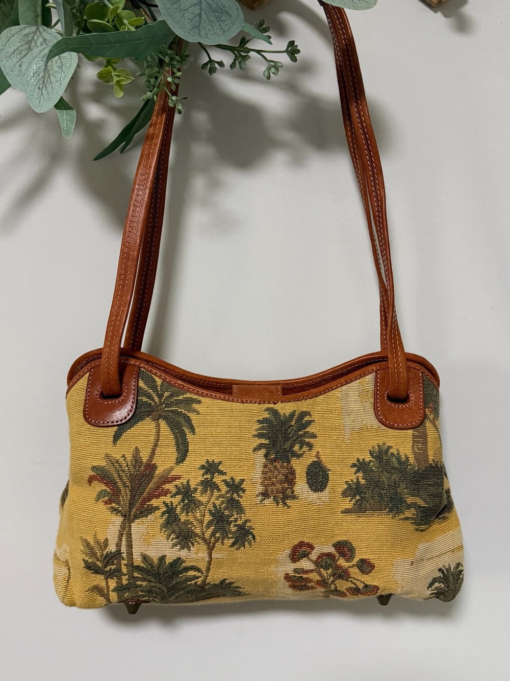 Vintage Tommy Bahama Tropical Tapestry Shoulder Bag Palm Tree Leather Trim